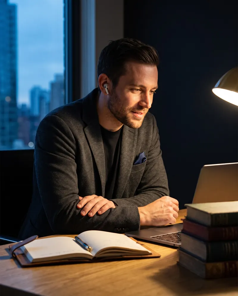 Recruiter in a video interview at the end of the day, notebook open on the desk