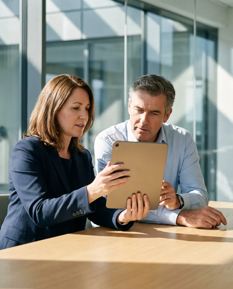 Recruiter and hiring manager reviewing a candidate shortlist together on a tablet